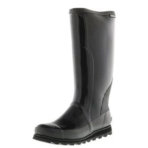 Sorel. Women's Joan Rain Tall Gloss Black / Sea Salt Knee-High Rubber Boot - 6 M